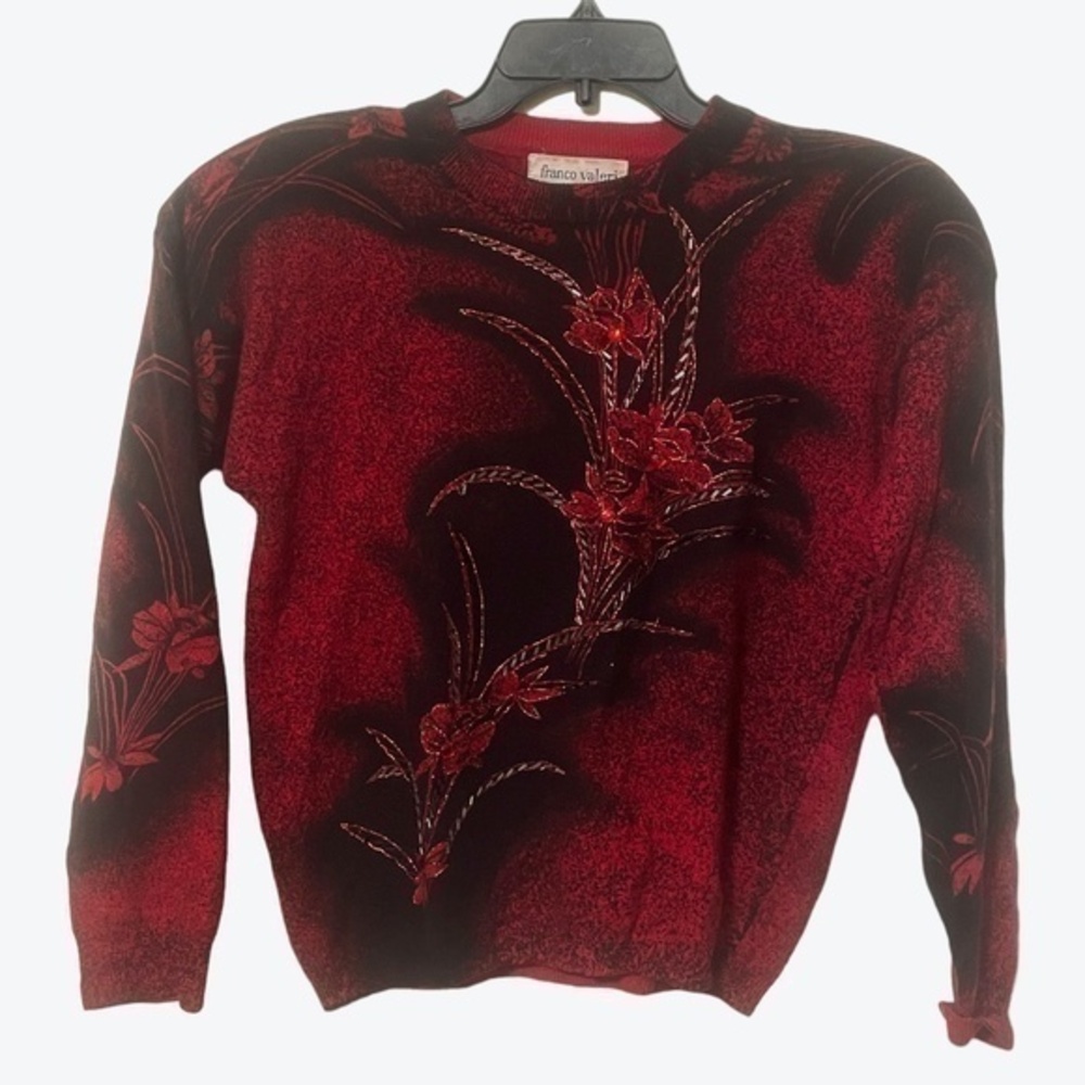Vintage Franco Valeri Womens Sweater Red Floral Knit Long Sleeve Size M